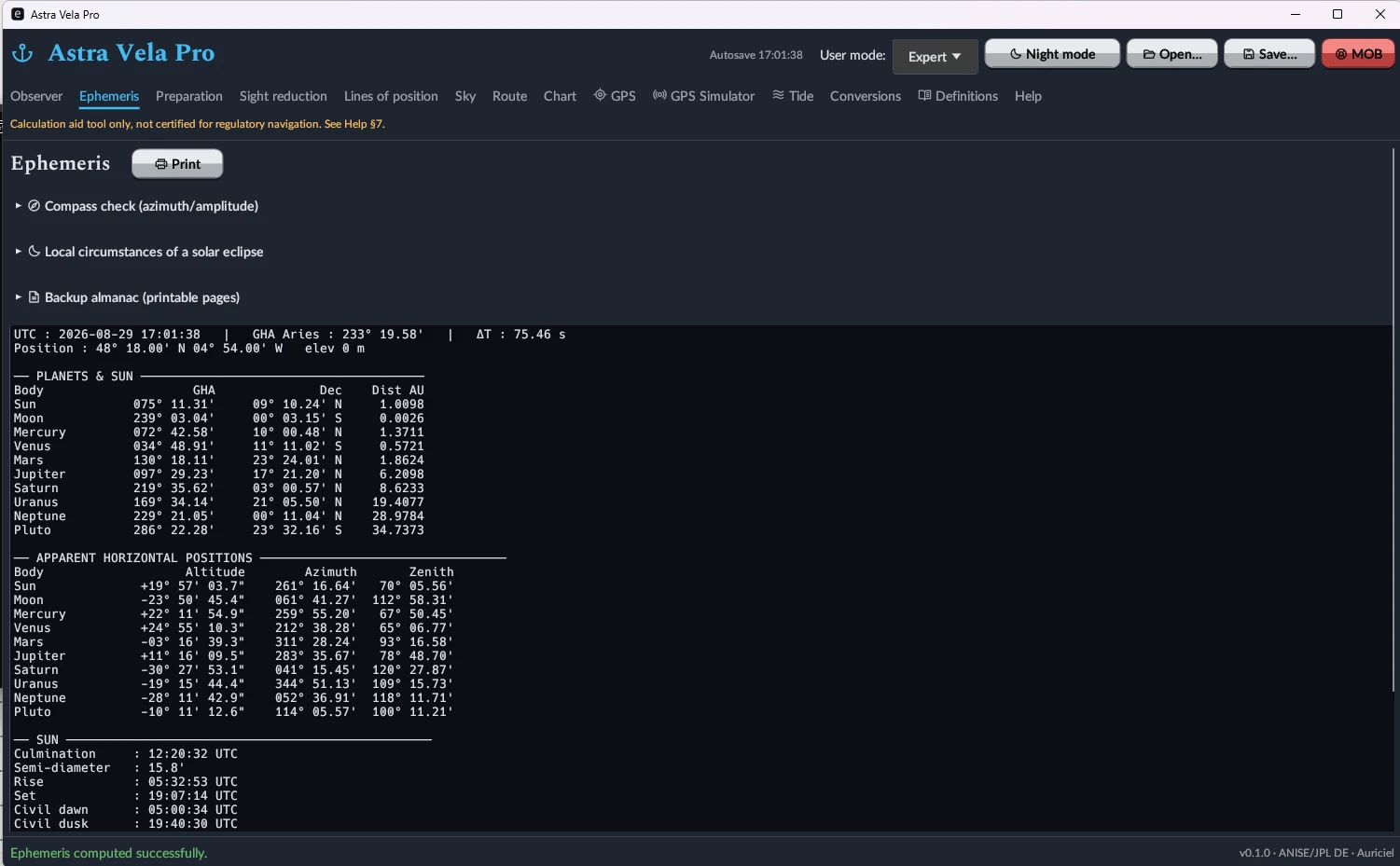Astra Vela Pro — Ephemerides tab