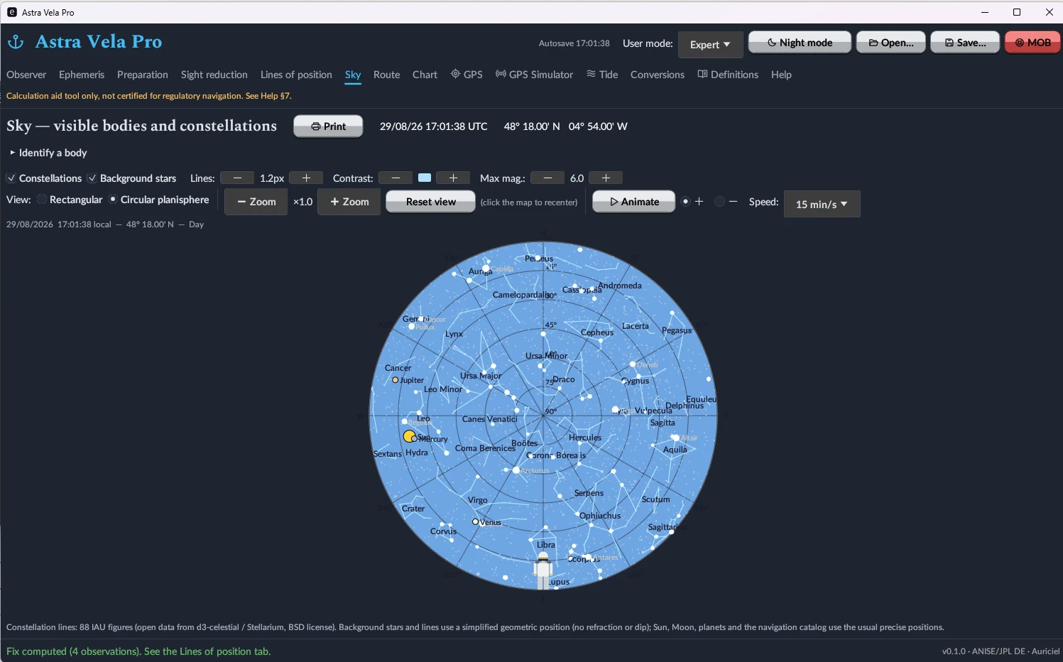 Astra Vela Pro — Sky tab, circular planisphere
